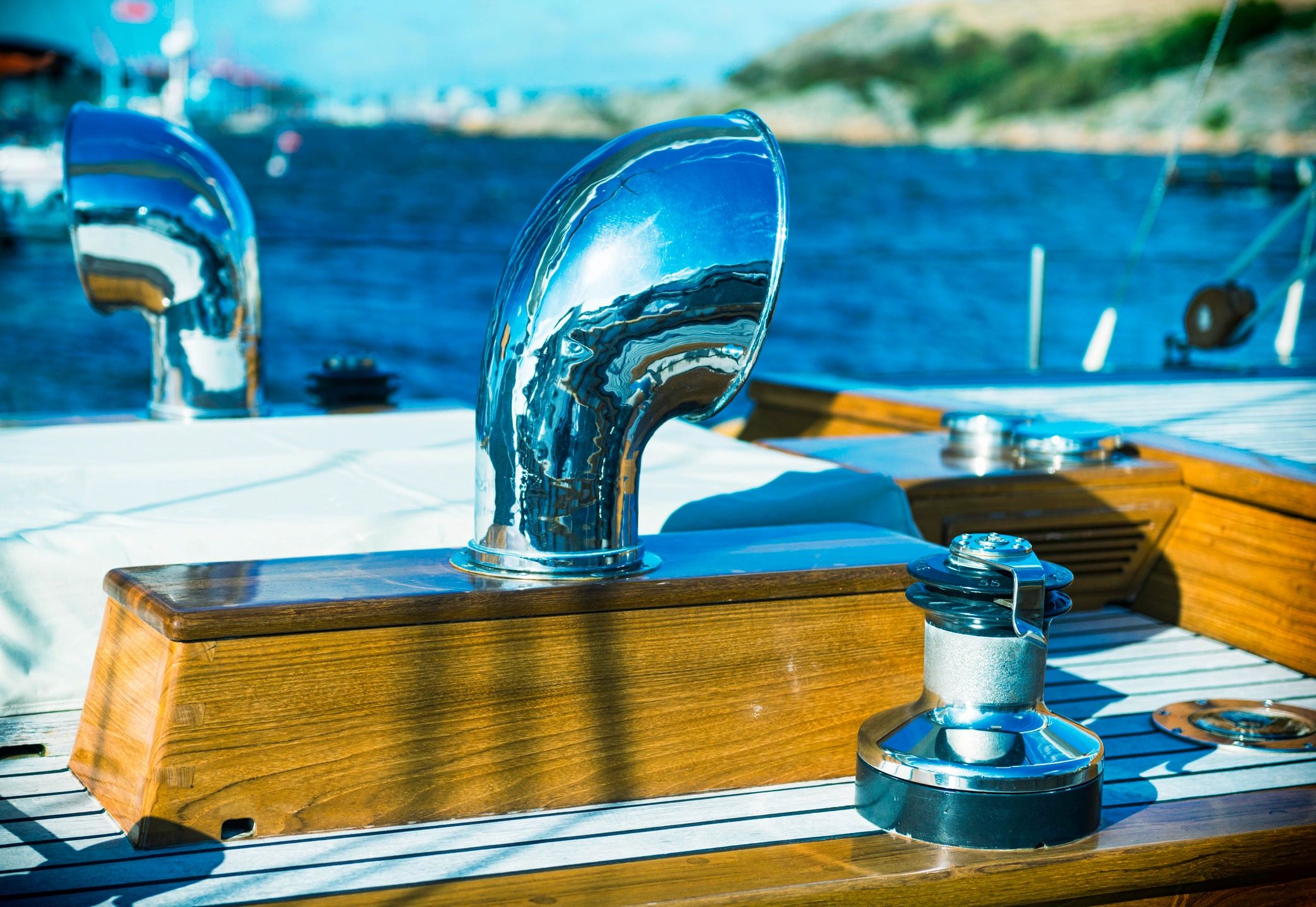 Detailed view of sailboat hardware and deck equipment